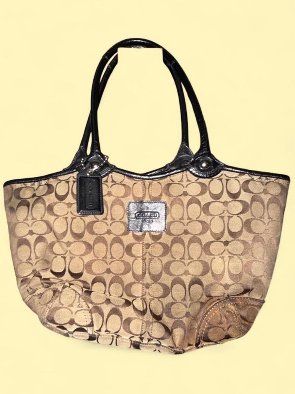 Coach Tan Signature Canvas Tote with Black Leather Handles